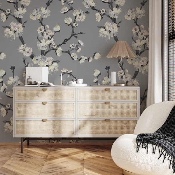 Fotobehang Bloemtakken op een grijze achtergrond