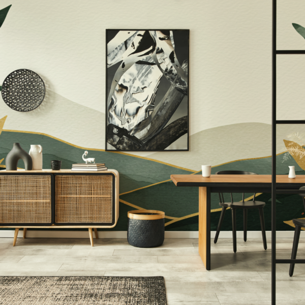 Fotobehang Geometrische bladeren en bergen