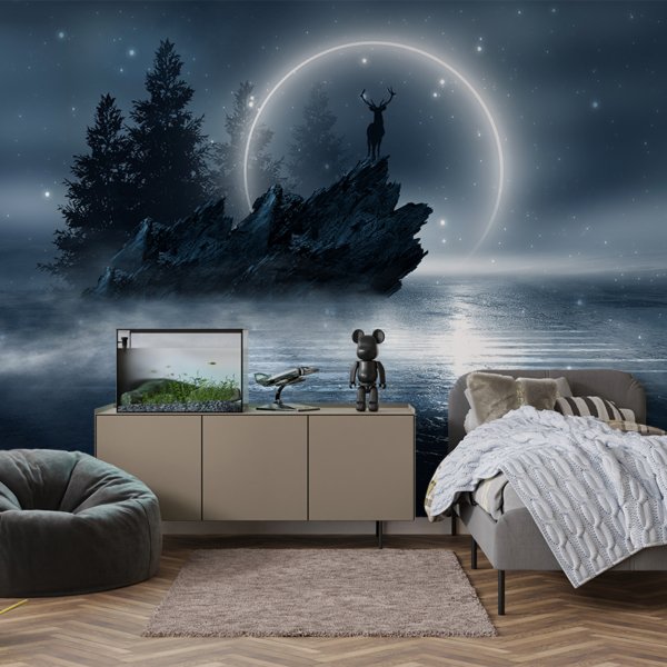 Fotobehang Hert op een rots onder de maan