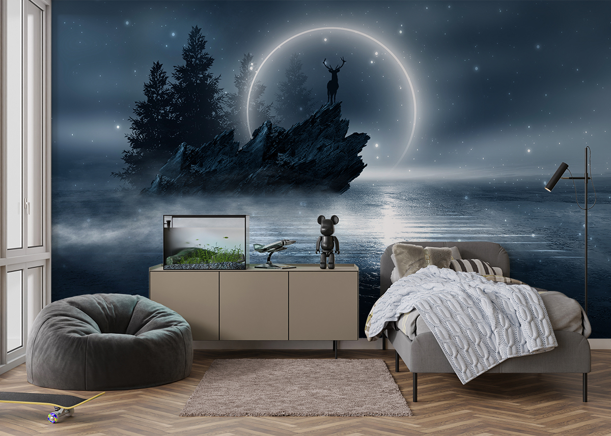 Fotobehang Hert op een rots onder de maan