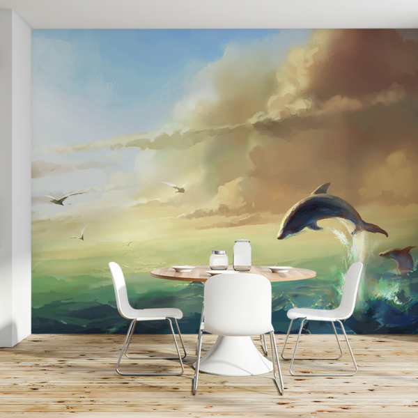 Fotobehang Dolfijnen bij zonsondergang