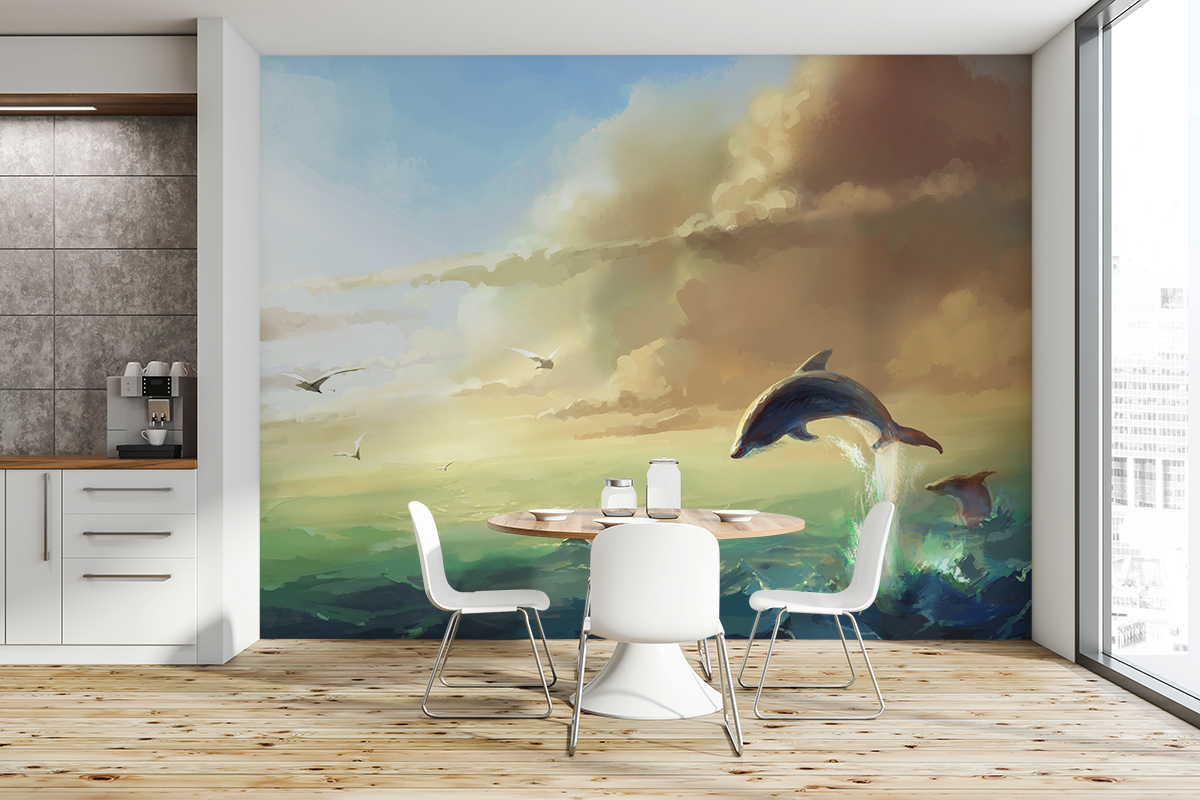 Fotobehang Dolfijnen bij zonsondergang