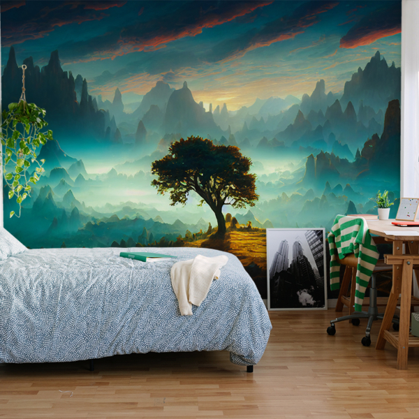 Fotobehang Eenzame boom in de mistige vallei