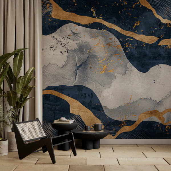 Fotobehang Marineblauwe strepen met goud