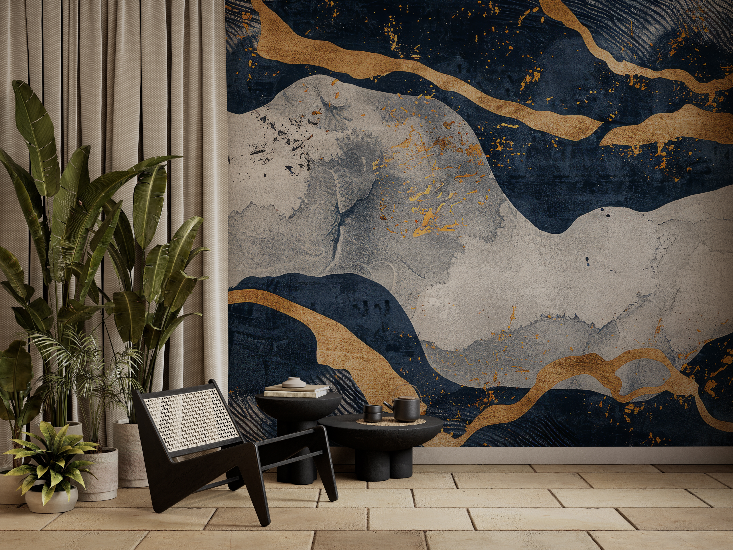Fotobehang Marineblauwe strepen met goud