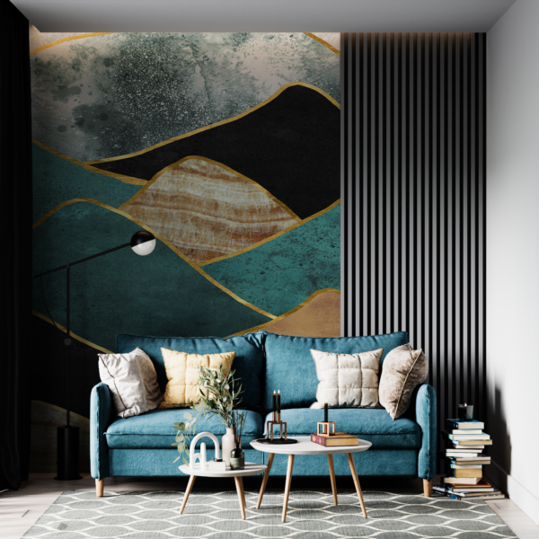 Fotobehang Turquoise en gouden elegante bergen