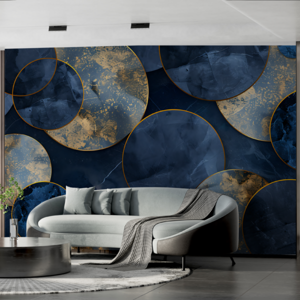 Fotobehang Marineblauwe geometrische vormen met goud