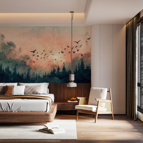 Fotobehang Een zwerm vogels boven de horizon van het bos