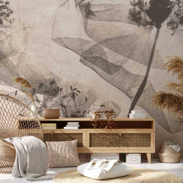 Fotobehang Paardenbloemen in sepia – De transparantie van de natuur