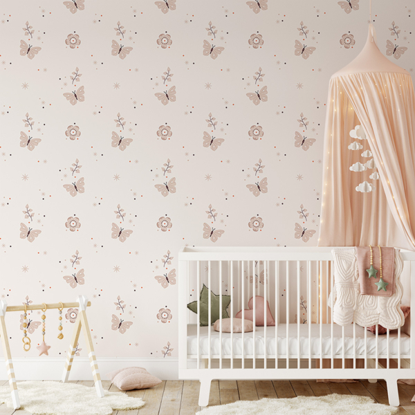 Fotobehang Beige vlinders en bloemen