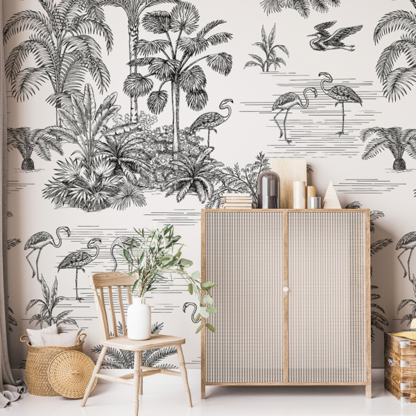 Fotobehang Zwart-witte flamingo’s in tropische vegetatie