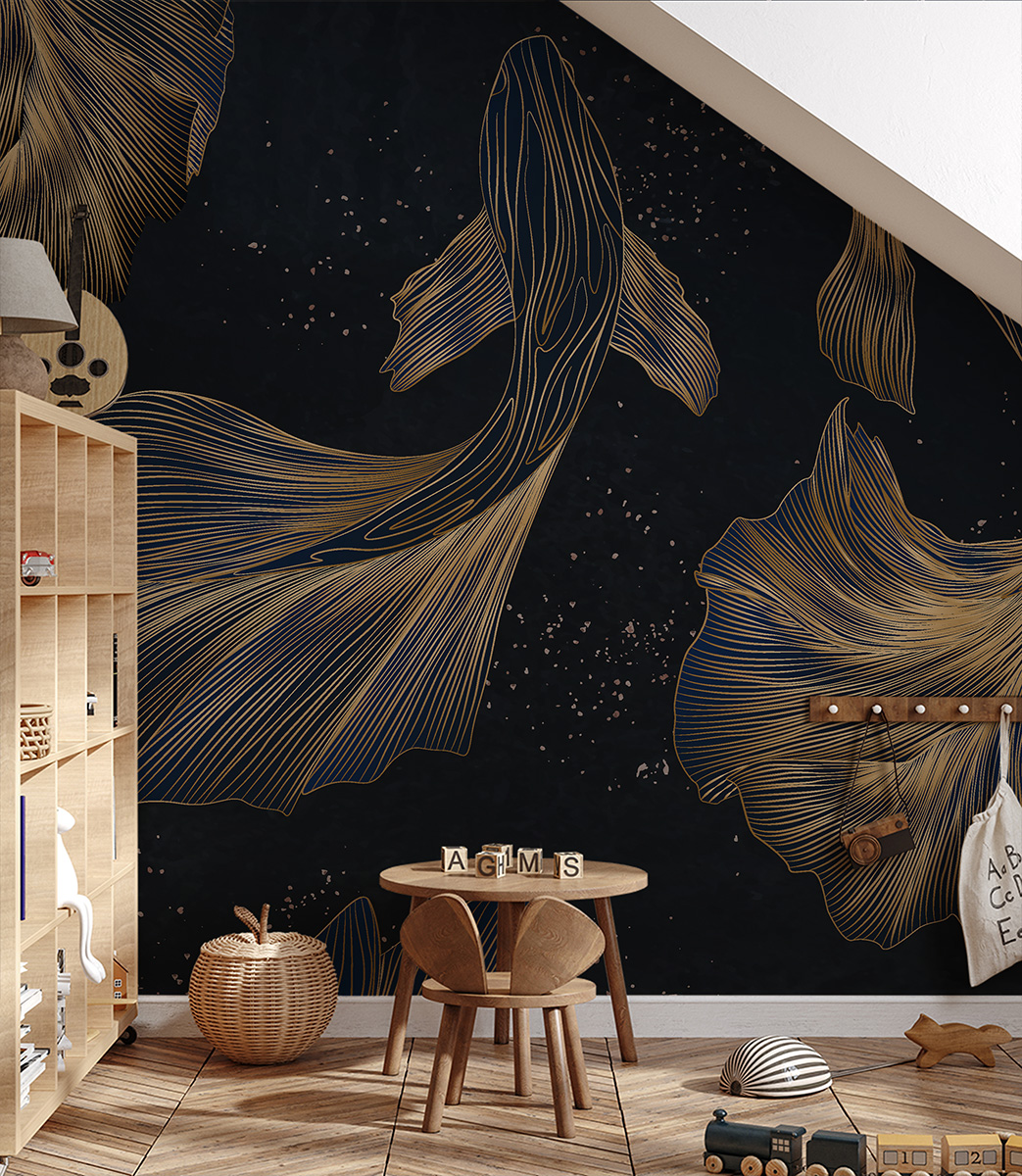 Fotobehang Marineblauwe Koi-dans
