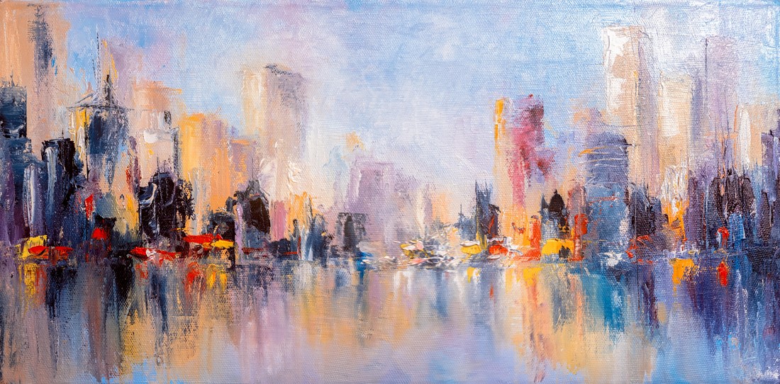 Skyline city view with reflections on water. Original oil painting on canvas,