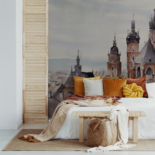 Fotobehang Krakau – een panorama van de stad in aquarelstijl