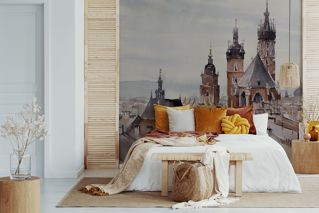 Fotobehang Krakau – een panorama van de stad in aquarelstijl