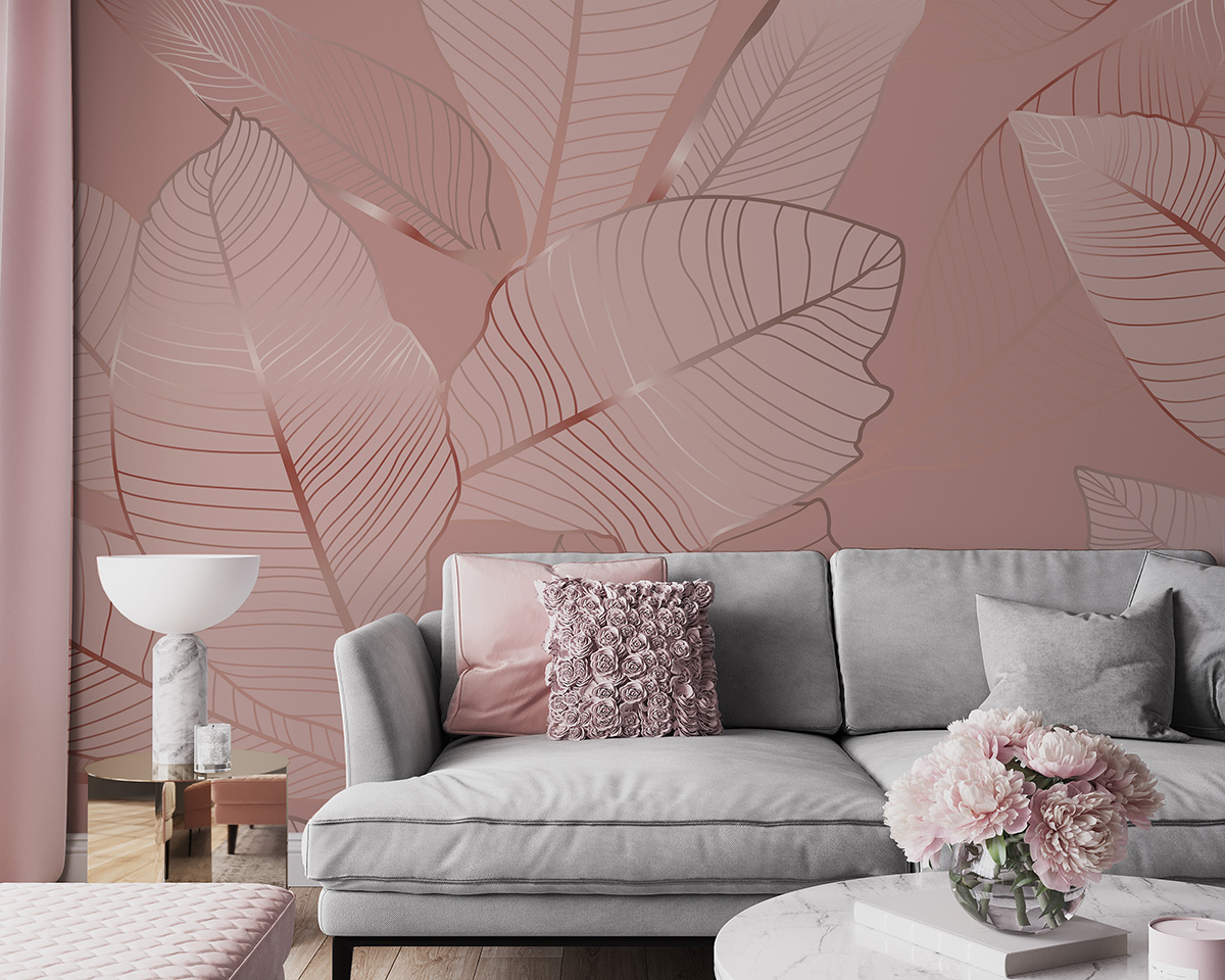 Fotobehang Roze gouden bladeren