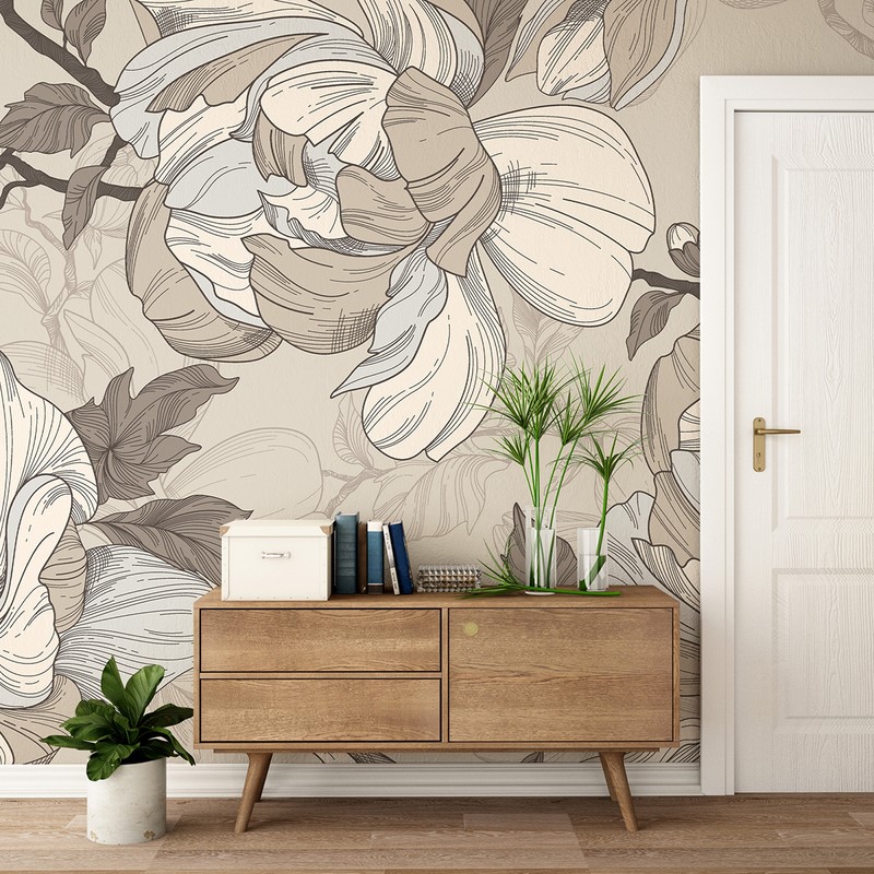 Fotobehang Magnolia's in beige