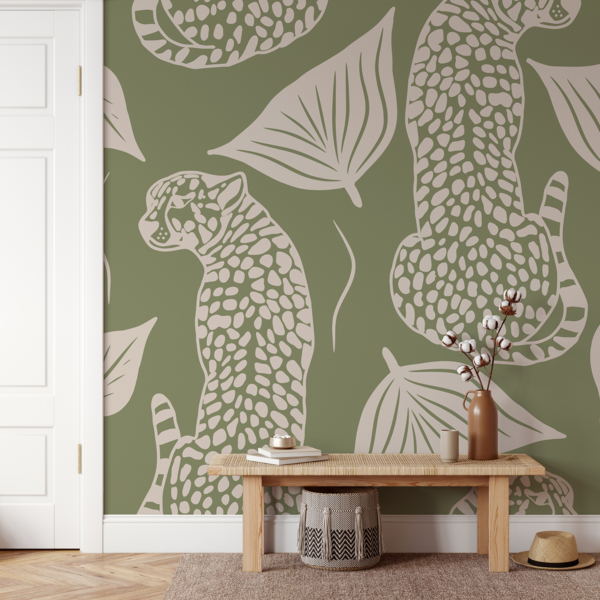 Fotobehang Groen cheetah- en bladpatroon