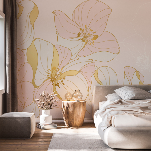 Fotobehang Gouden bloemcontouren