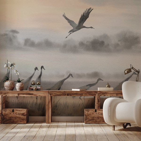 Fotobehang Mistige vlucht van de kraanvogels