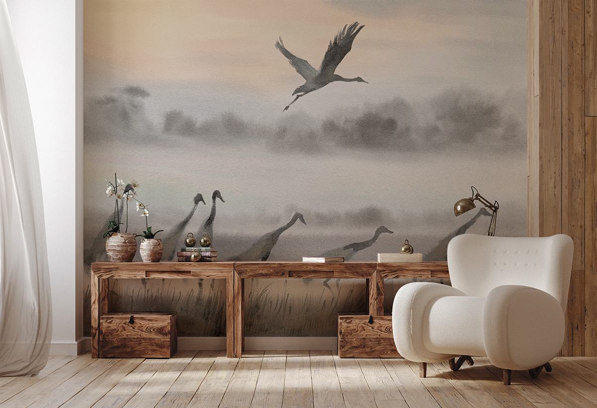 Fotobehang Mistige vlucht van de kraanvogels