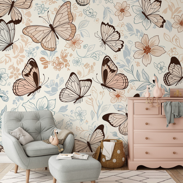 Fotobehang Vlinders en bloemen in pastelkleuren