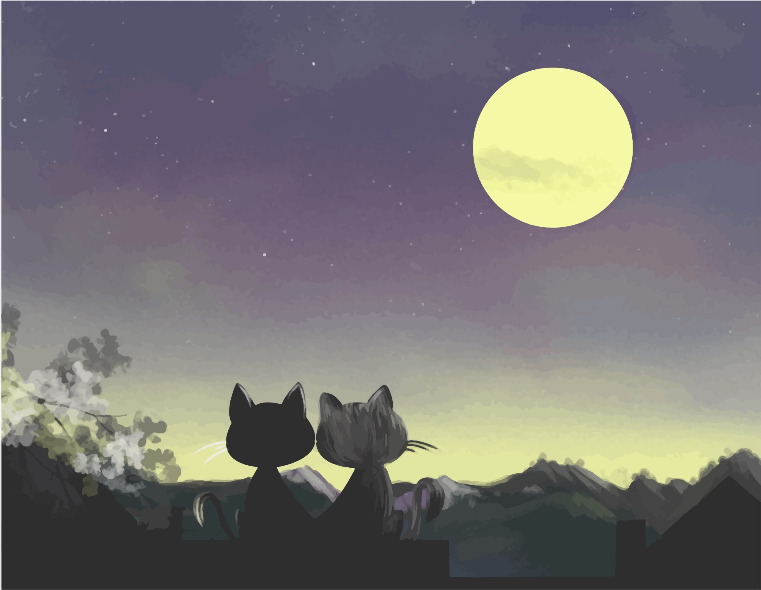 Silhouette,Couple,Cat,Enjoying,Moonlit,Night,Together,On,The,Top