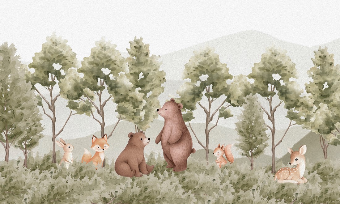 Watercolor,Forest,Bears,|,Cozy,Woodland,Mural,For,Nursery,Decor